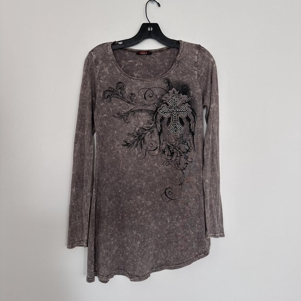 Y2K Party Shirt Womens Small Gray Wings Tunic‎ Rhinestone Cross Indie Sleeze 00s